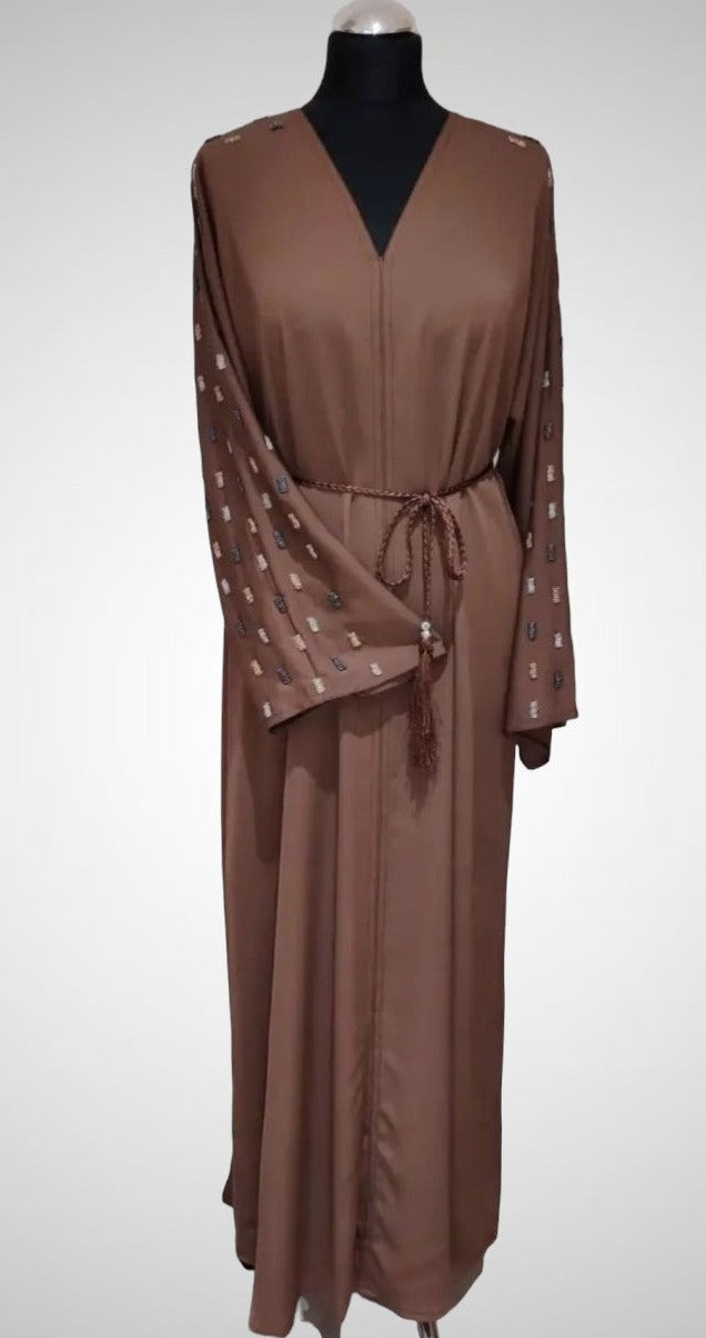 Mocha Closed Abaya With Sleeve Embellishment