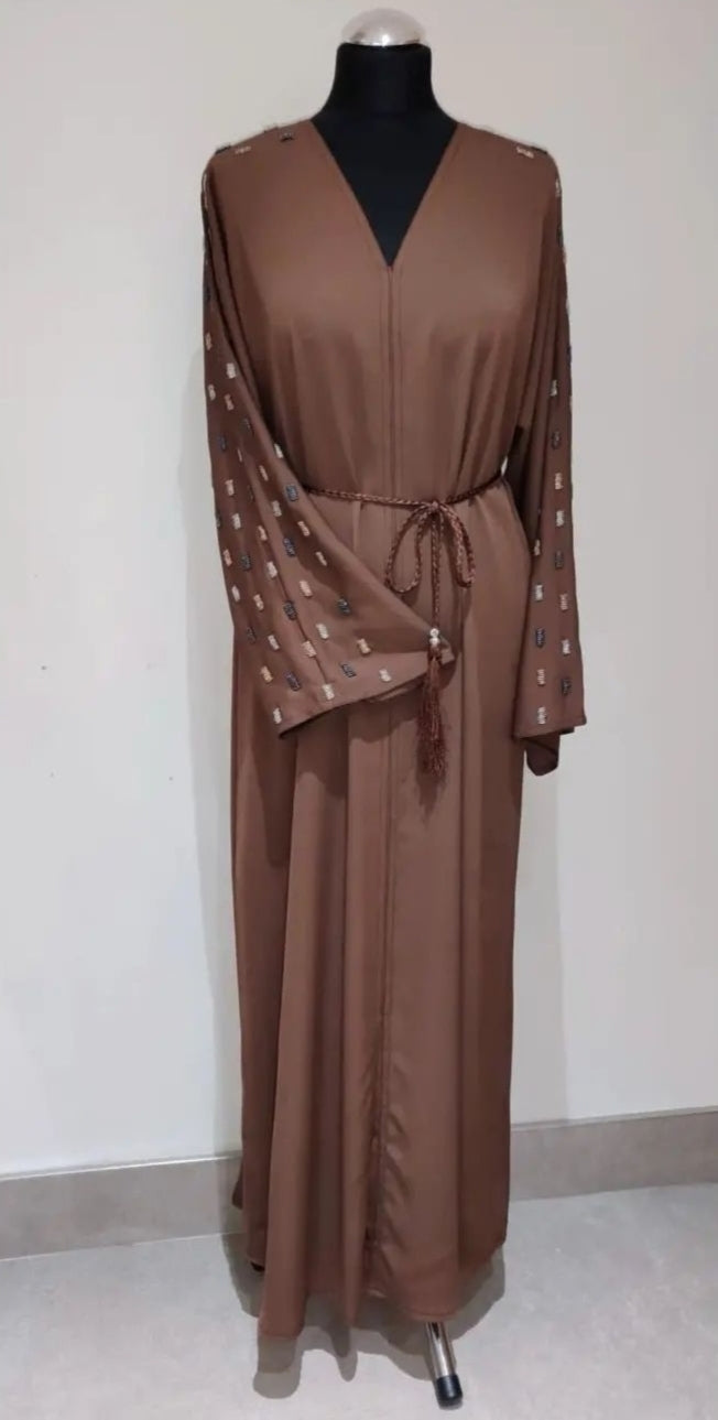 Mocha Closed Abaya With Sleeve Embellishment