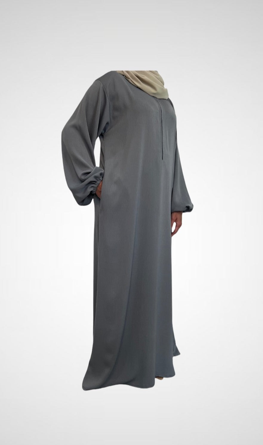 Earl Grey Closed Abaya With Zip Pockets And Cuff Sleeves