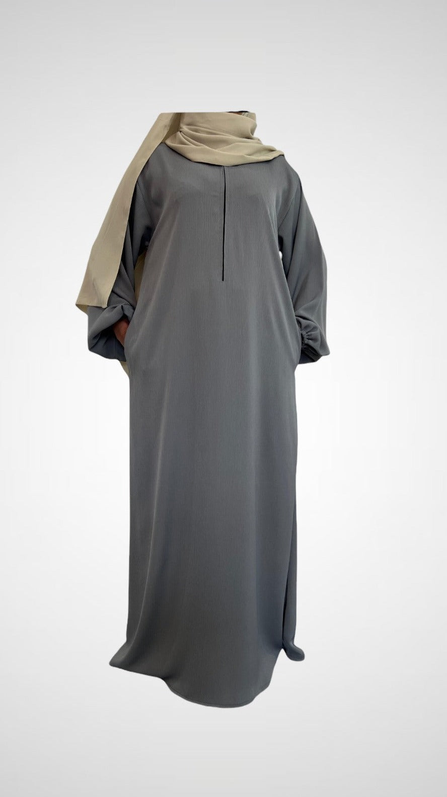Earl Grey Closed Abaya With Zip Pockets And Cuff Sleeves