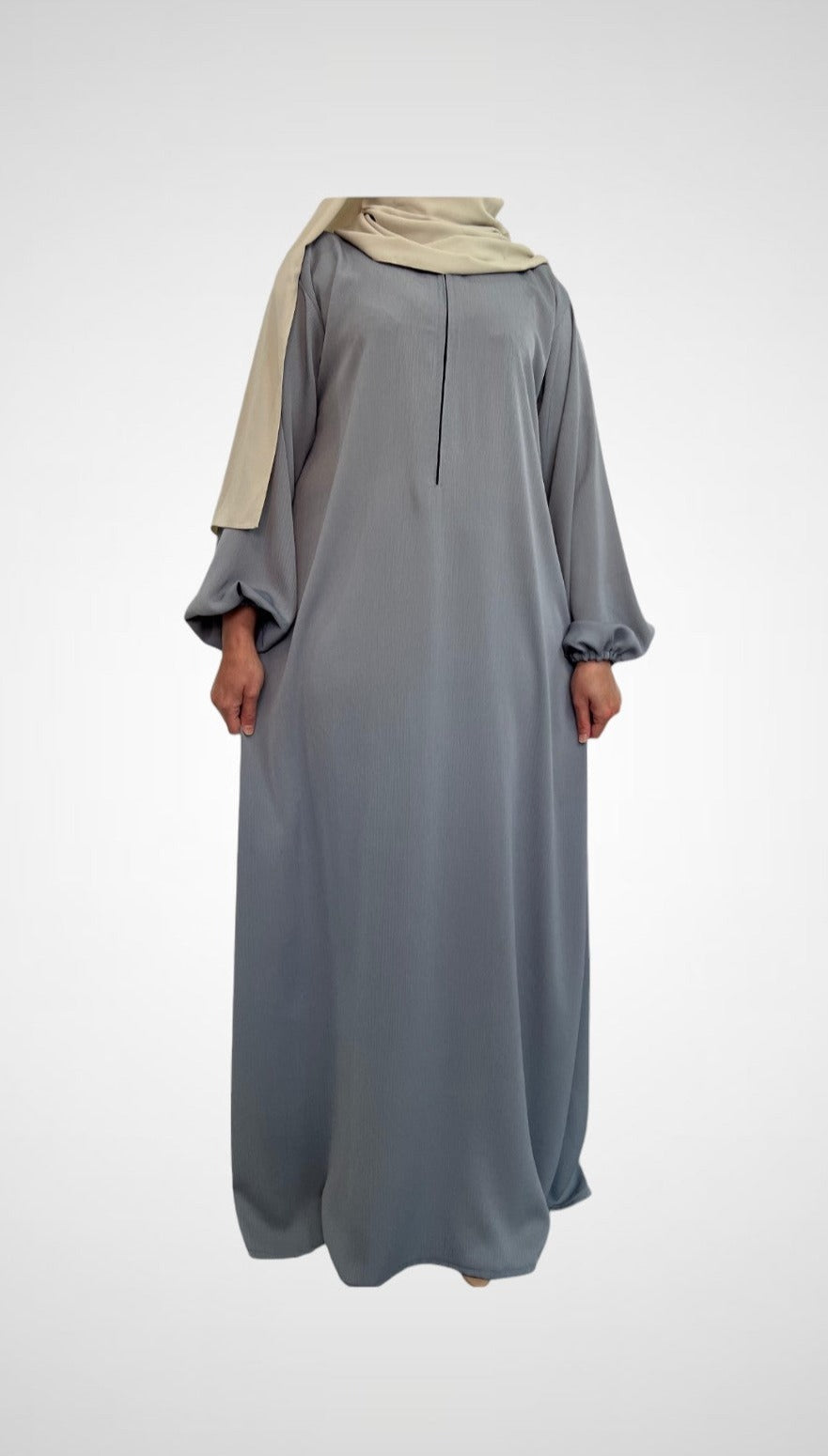 Earl Grey Closed Abaya With Zip Pockets And Cuff Sleeves