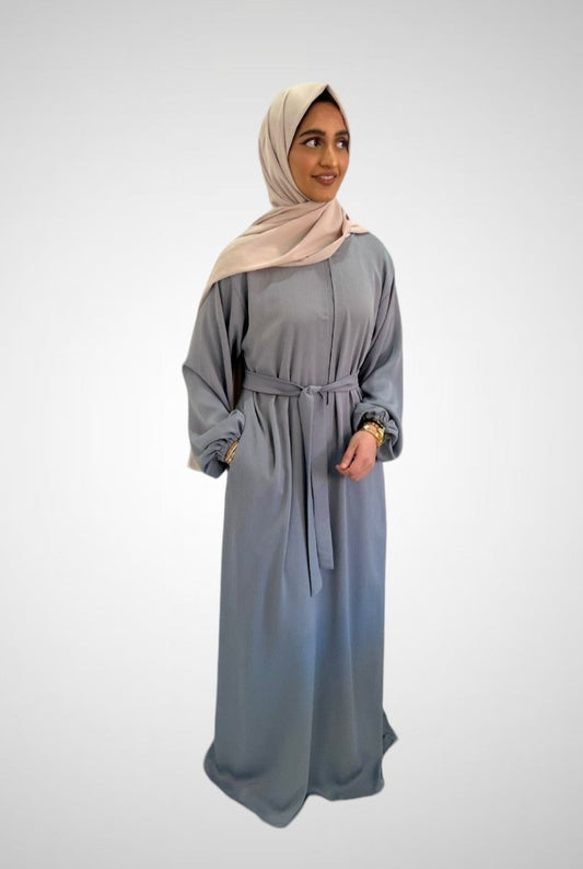 Dove Blue Closed Abaya With Zip Pockets And Cuff Sleeves