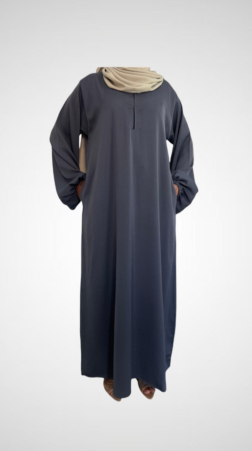 Ocean Blue Closed Abaya With Zip Pockets And Cuff Sleeves