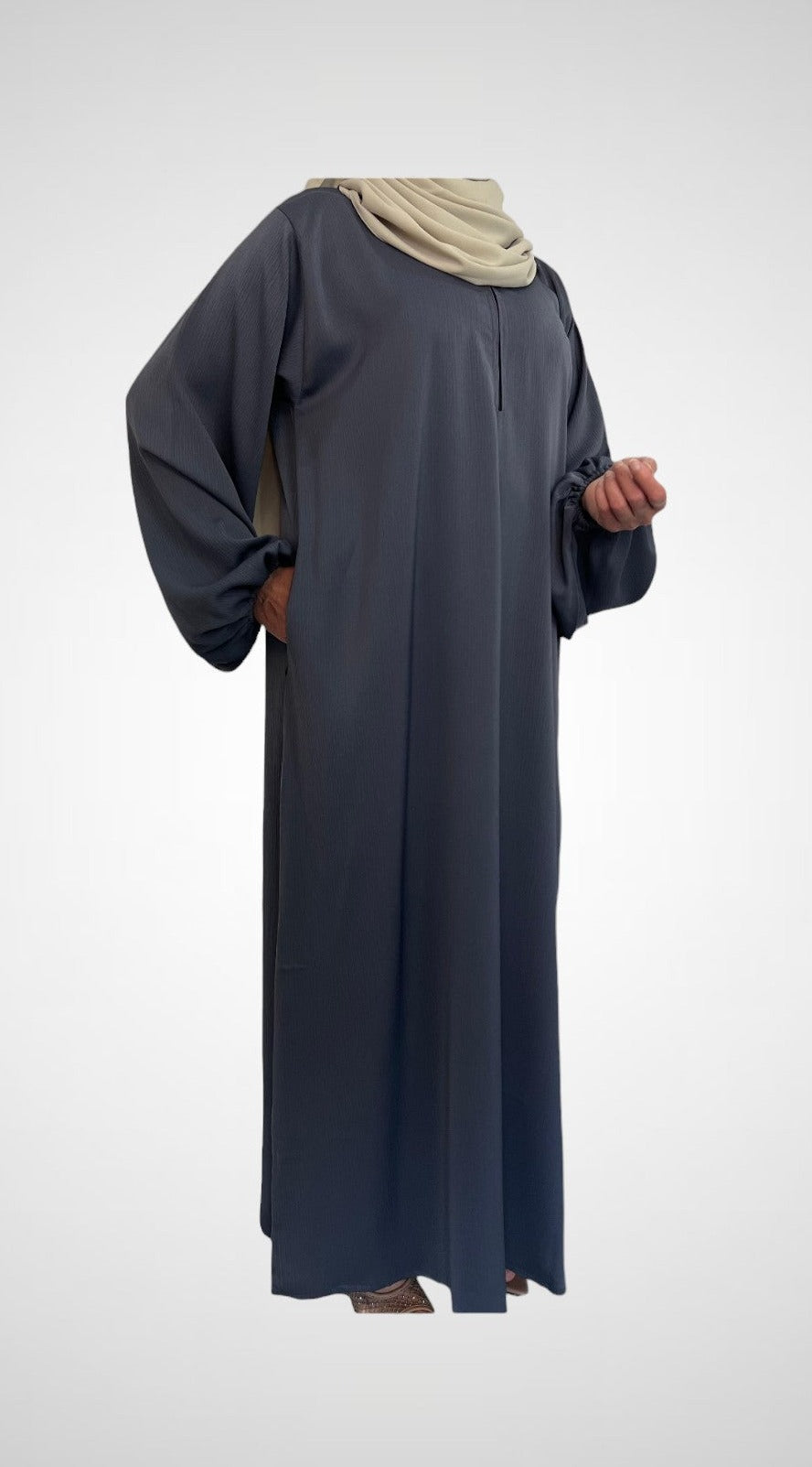 Ocean Blue Closed Abaya With Zip Pockets And Cuff Sleeves