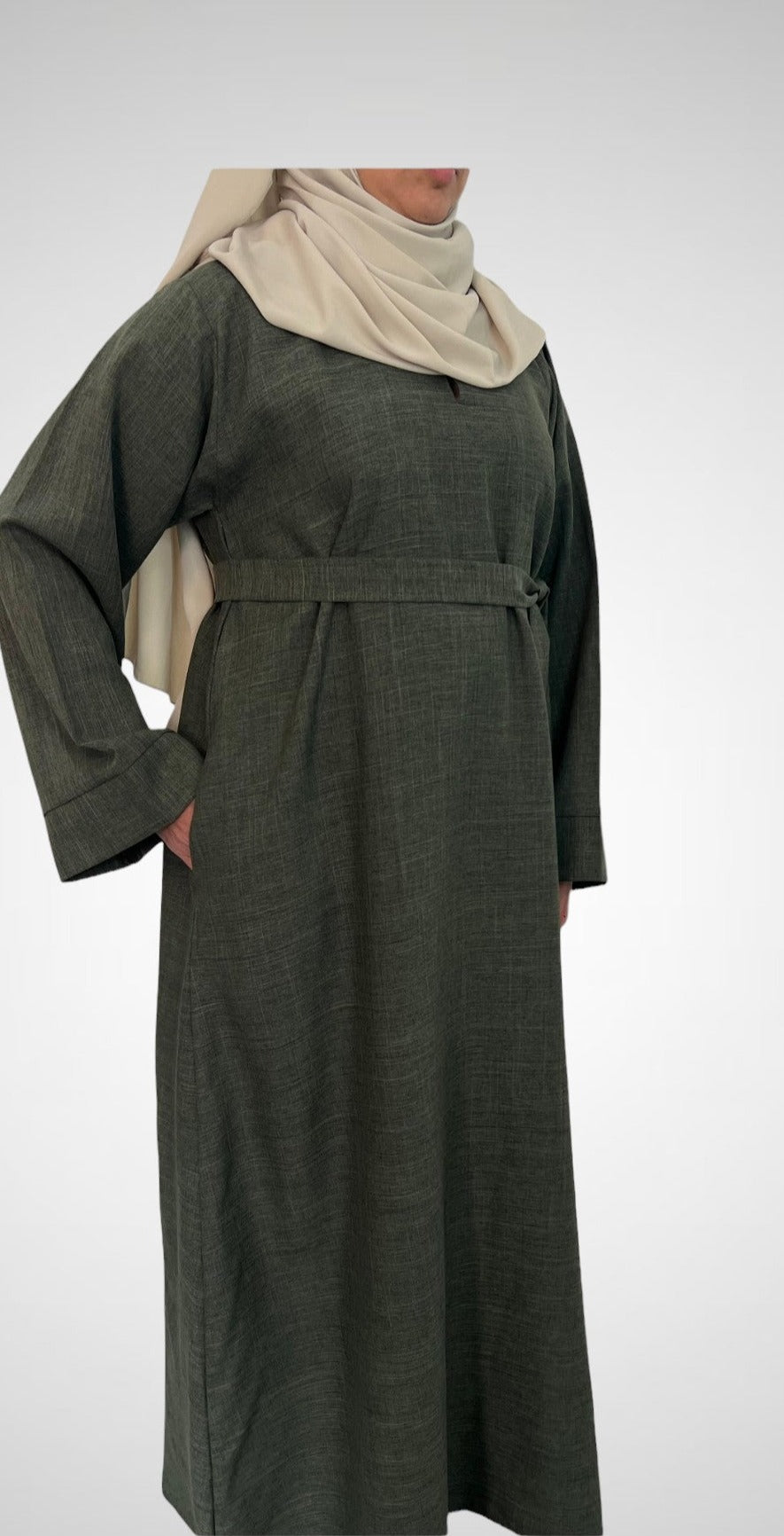 Olive Green Textured Closed Linen Abaya With Pocket