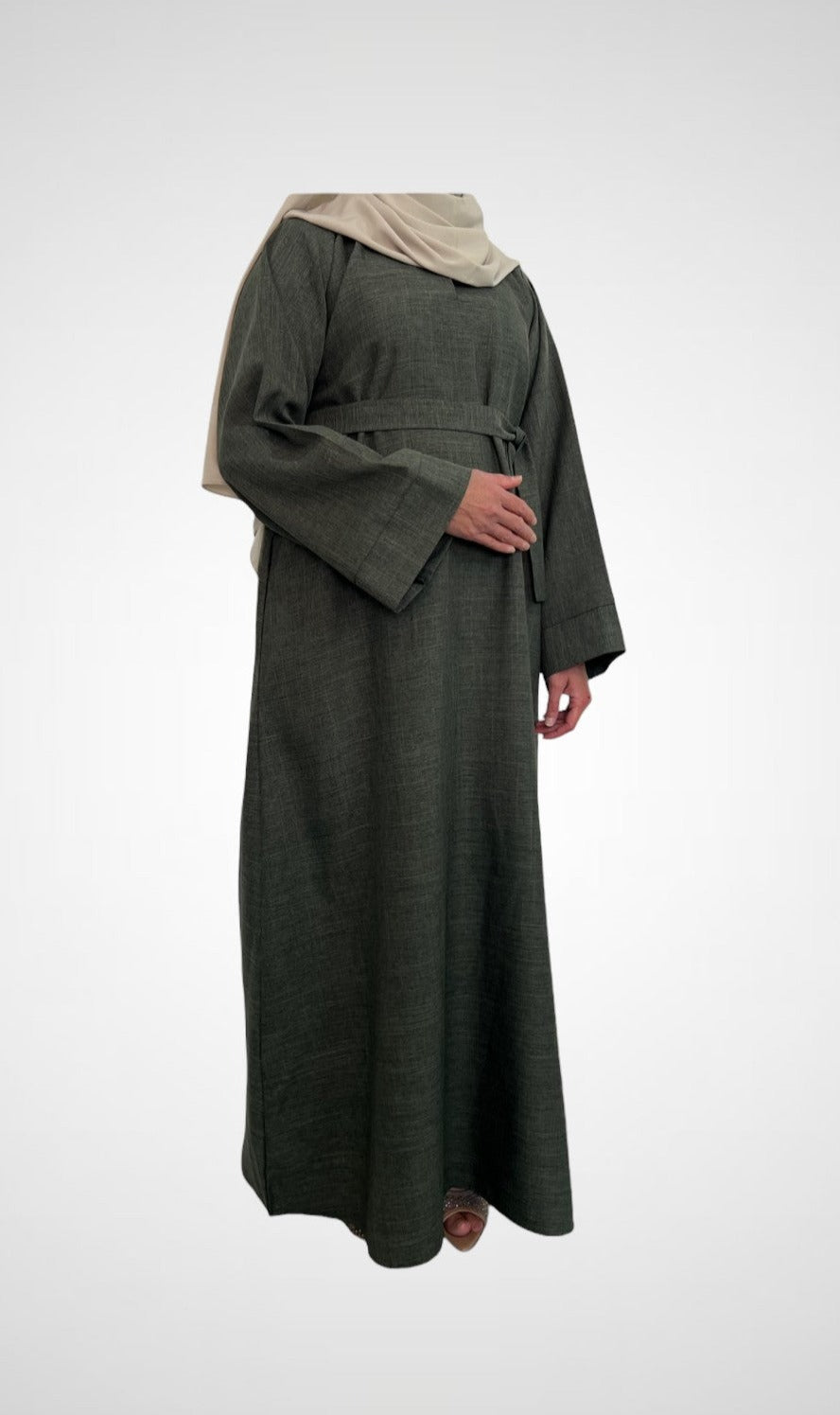 Olive Green Textured Closed Linen Abaya With Pocket